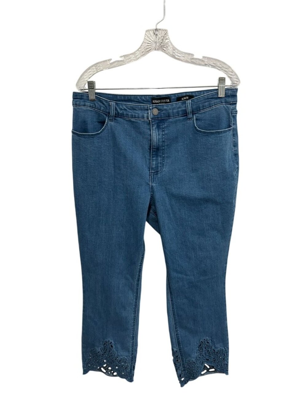 Susan Graver 14P Blue Slim Fit Cropped Jeans Lace Hem Cottagecore Whimsical
